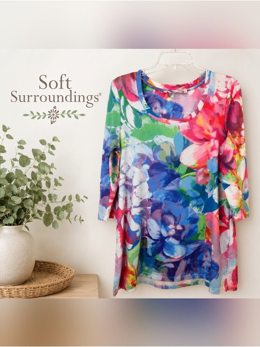 Soft Surroundings Multicolor Floral Scoop Neck Long Sleeve Sweater Medium